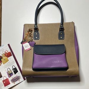 ClaudiaG Larissa NWT Leather Tote laptop purse Tan/purple 15 x 13 x 6